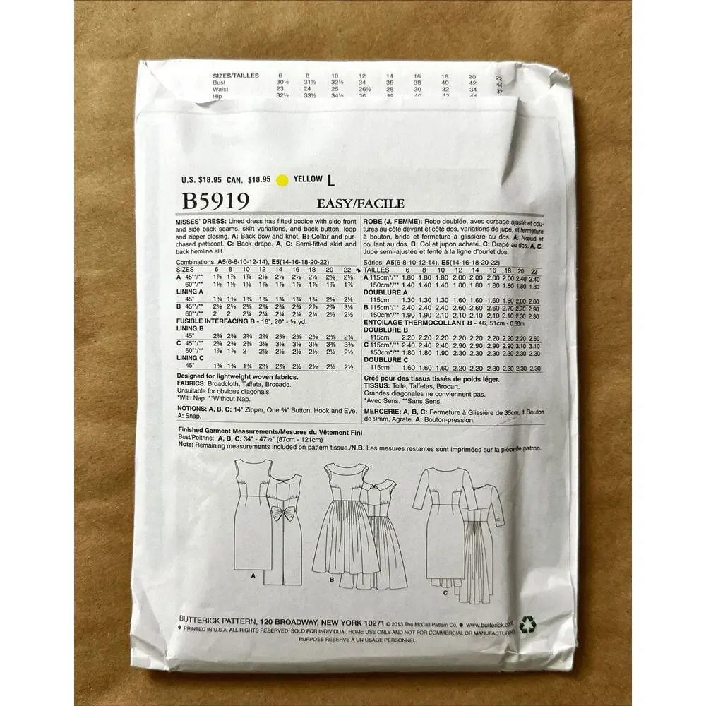 UNCUT Butterick 150 Anniversary pattern B5919 Misses' lined Dress size 14 - 22